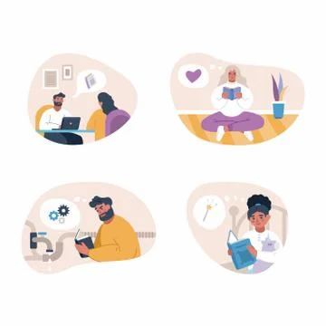 Vector cartoon illustration of reading people set on white background. Stock Illustration