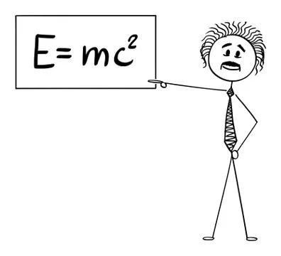 Vector Cartoon Illustration of Scientist Albert Einstein Pointing at Sign with E Stock Illustration