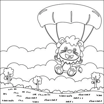 Vector cartoon illustration of skydiving with litlle lion with cartoon style Stock Illustration