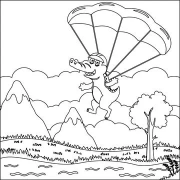 Vector cartoon illustration of skydiving with litlle crocodile Stock Illustration