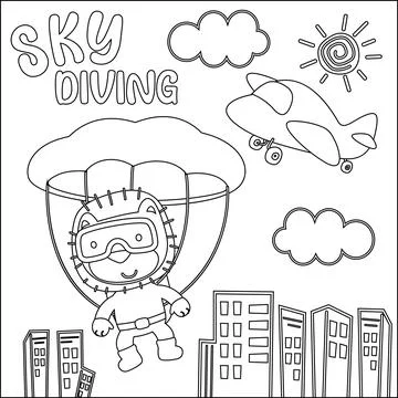 Vector cartoon illustration of skydiving with litlle lion with cartoon style Stock Illustration