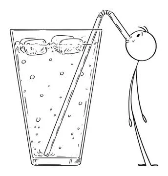 Vector Cartoon Illustration of Small Stick Man Drinking Cold Lemonade or Drink Stock Illustration