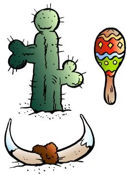 Vector Cartoon illustration of some Mexico elements like, Maraca, Bull Horn a Illustrazione stock