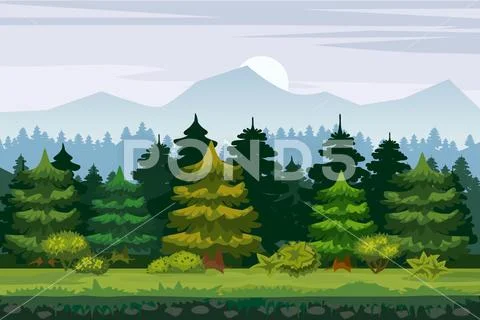 Vector cartoon illustration of the spruce forest for the game UI. For ...
