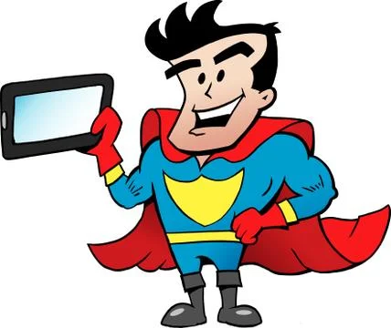 Vector Cartoon illustration of an Super Hero with a Tablet Stock Illustration
