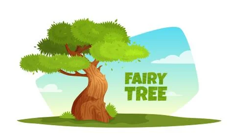 Vector cartoon illustration of a tree in the meadow. Stock Illustration
