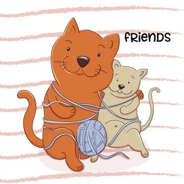 Vector cartoon illustration of two cats playing with a ball of wool. Stock Illustration