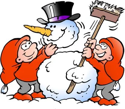 Vector Cartoon illustration of two happy Elf making a big Snowman Stock Illustration