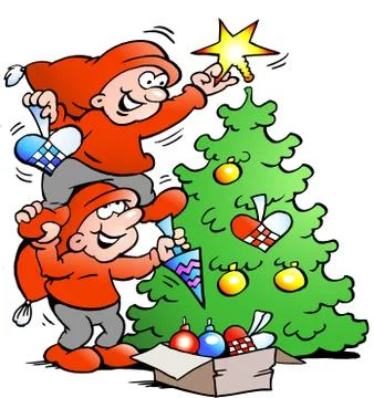 Vector Cartoon illustration of two happy Elf decorate the Christmas Tree Stock Illustration
