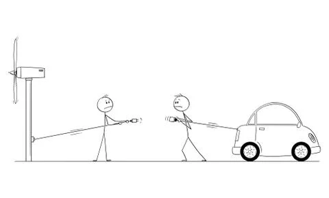 Vector Cartoon Illustration of Two Men Unable to Connect Cables to Recharge Stockillustratie
