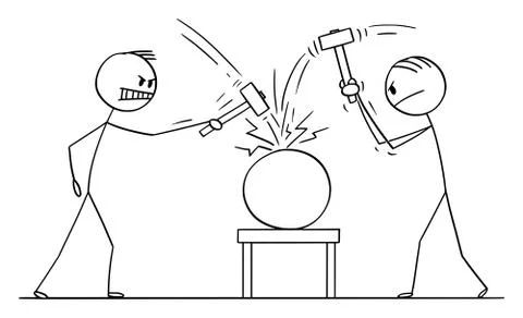Vector Cartoon Illustration of Two Men, Workers or Businessmen Beating an Object 스톡 일러스트