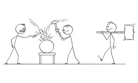 Vector Cartoon Illustration of Two Men, Workers or Businessmen Beating an Object Stock Illustration
