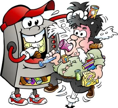 Vector Cartoon illustration of a Vending Machine feeding a Customer Stock Illustration