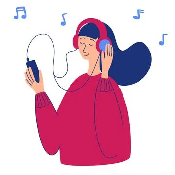 Vector cartoon illustration of young pretty woman in headphones listening mus Stock Illustration