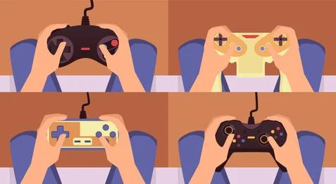Vector cartoon illustrations with men hands holding the video game consoles Stock Illustration