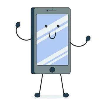 Vector cartoon image of a black smartphone with a blue screen, with arms and Stock Illustration