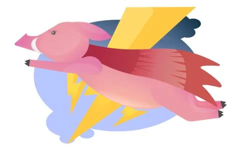 Vector cartoon image of funny pink pig flying like a superhero. Nice pig with a Stock Illustration