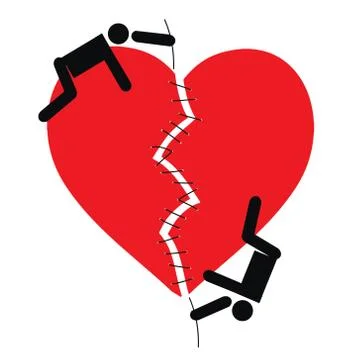 Vector cartoon image of a loving couple of people who sew a broken red heart  Stock Illustration