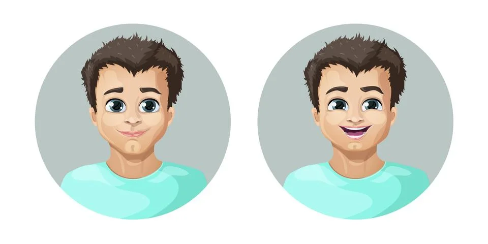 Vector cartoon image of a set of guy with brown hair expressing various facia Stock Illustration
