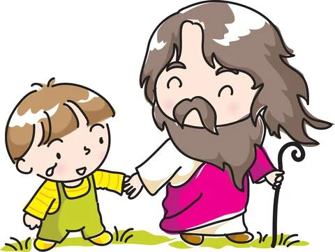 Vector cartoon Jesus Christ with crying boy Stock Illustration