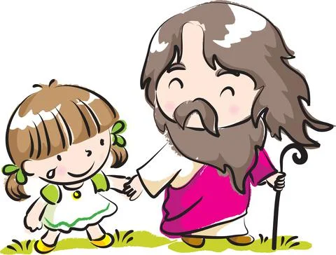 Vector cartoon Jesus Christ with crying girl Stock Illustration