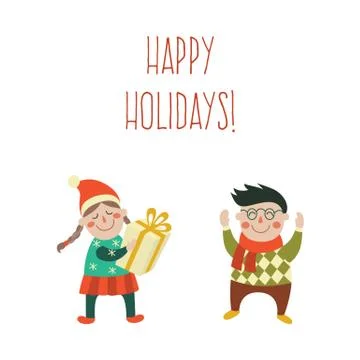 Vector cartoon kids with present gift set Stock Illustration