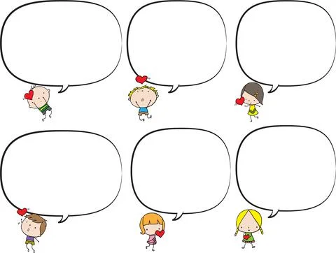 Vector cartoon kids with speech bubbles border background set Stock Illustration