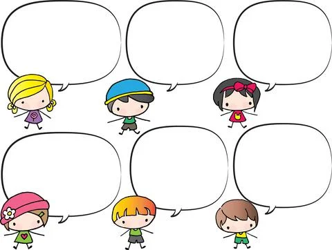 Vector cartoon kids with speech bubbles border background set Stock Illustration