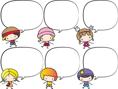Vector cartoon kids with speech bubbles border background set Stock Illustration