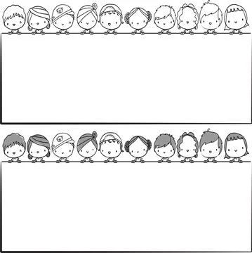 Vector cartoon kids with speech bubbles border background black and white set Stock-Illustration