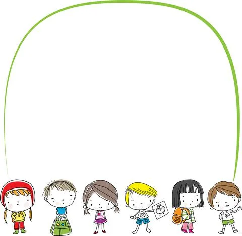 Vector cartoon kids with speech bubbles frame border background Stock-Illustration