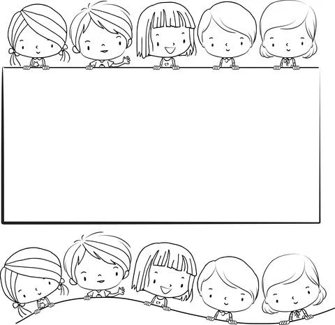 Vector cartoon kids with speech bubbles border background black and white set Stock Illustration
