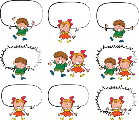 Vector cartoon kids with speech bubbles border frame set Stock Illustration