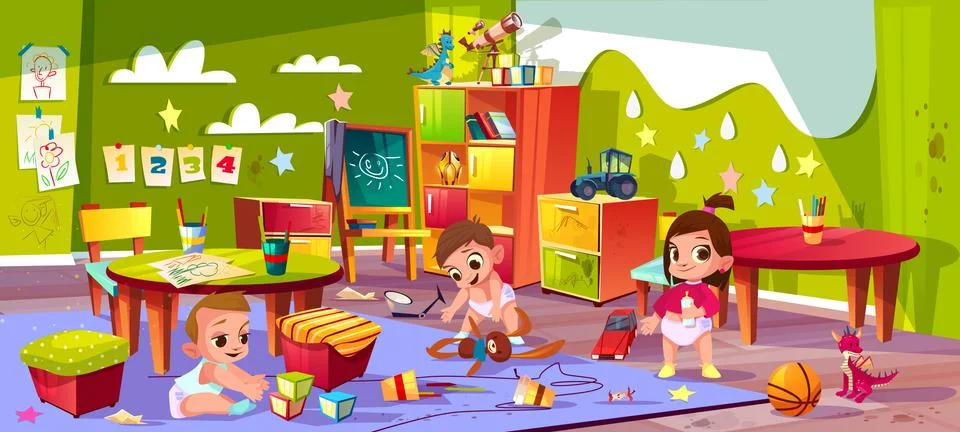 Vector cartoon kindergarten, montessori. Infants play toys Stock Illustration