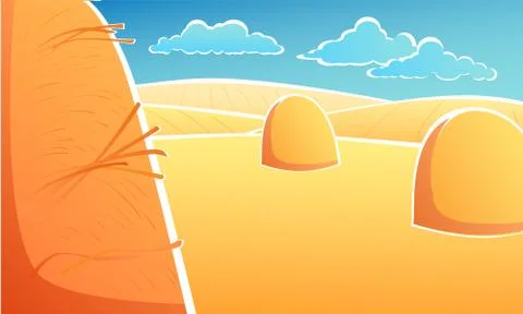 Vector cartoon landscape Fields and mowing hay field - haystacks Stock Illustration
