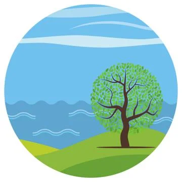 Vector cartoon landscape with the lonely tree Stock Illustration