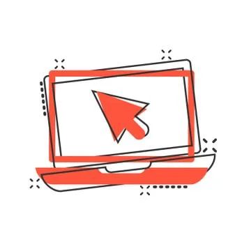 Vector cartoon laptop notebook with mouse cursor icon in comic style. Laptop  Illustrazione stock