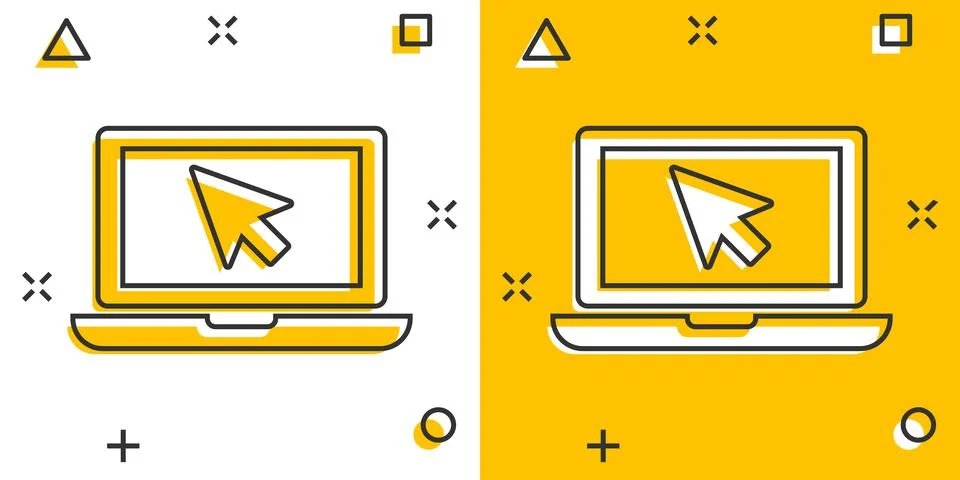 Vector cartoon laptop notebook with mouse cursor icon in comic style. Laptop  Illustrazione stock