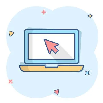 Vector cartoon laptop notebook with mouse cursor icon in comic style. Laptop  Illustrazione stock