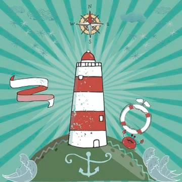 Vector cartoon lighthouse illustration with waves and mountains. lighthouse o Stock Illustration