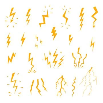 Vector cartoon lightnings and thunder icon set flat design isolated Stock Illustration