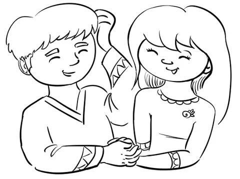 Vector cartoon line boy and girl in love Stock Illustration