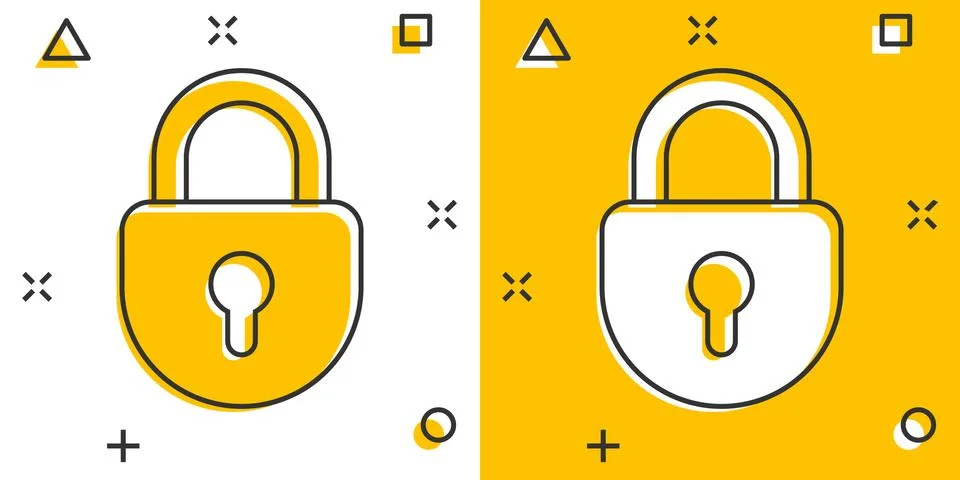 Vector cartoon lock icon in comic style. Padlock locker sign illustration pic Stock Illustration