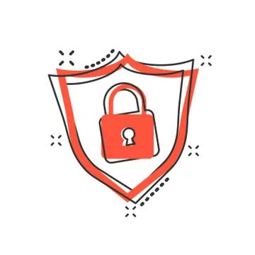 Vector cartoon lock with shield security icon in comic style. Padlock sign il Stock Illustration