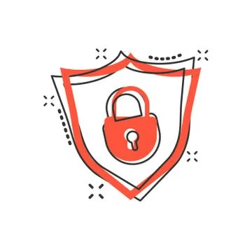 Vector cartoon lock with shield security icon in comic style. Padlock sign il Stock Illustration