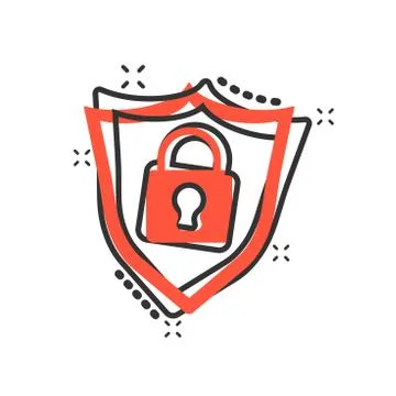 Vector cartoon lock with shield security icon in comic style. Padlock sign il Stock Illustration