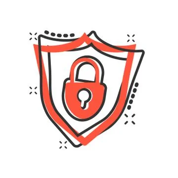 Vector cartoon lock with shield security icon in comic style. Padlock sign il Stock Illustration