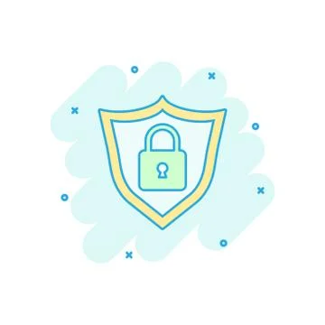 Vector cartoon lock with shield security icon in comic style. Protection illu Stock Illustration