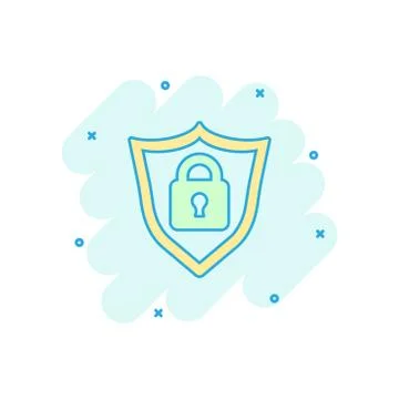 Vector cartoon lock with shield security icon in comic style. Padlock sign il Stock Illustration