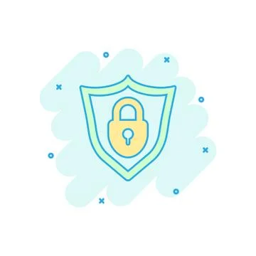 Vector cartoon lock with shield security icon in comic style. Padlock sign il Stock Illustration